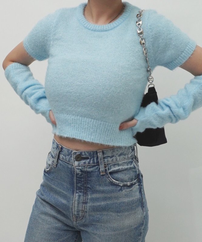 Feather mall short -sleeved arm warmer T-shirt blue - YOUAREMYPOISON