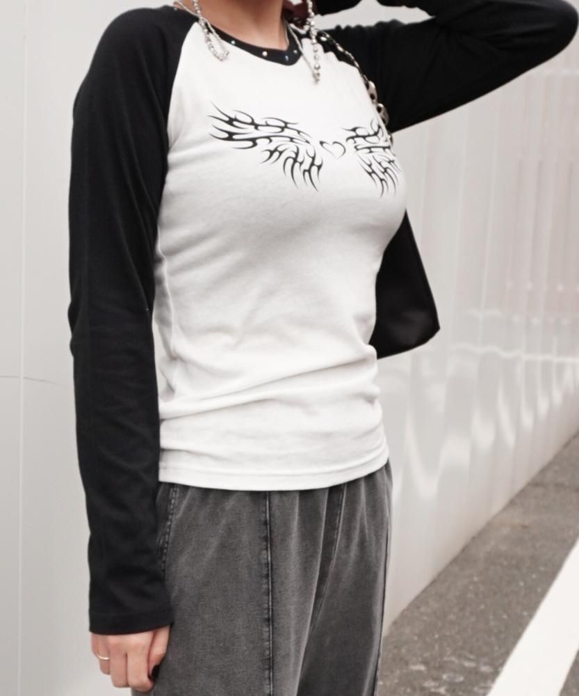 トライバルプリント 長袖チビロンT White/Black