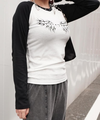 トライバルプリント 長袖チビロンT White/Black