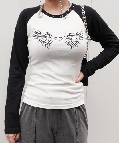 トライバルプリント 長袖チビロンT White/Black
