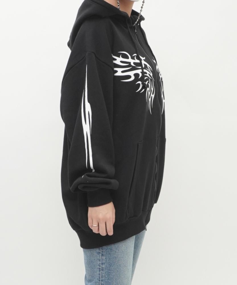 トライバルプリント 裏毛 ユニセックスボディ BIGジップパーカー BLACK