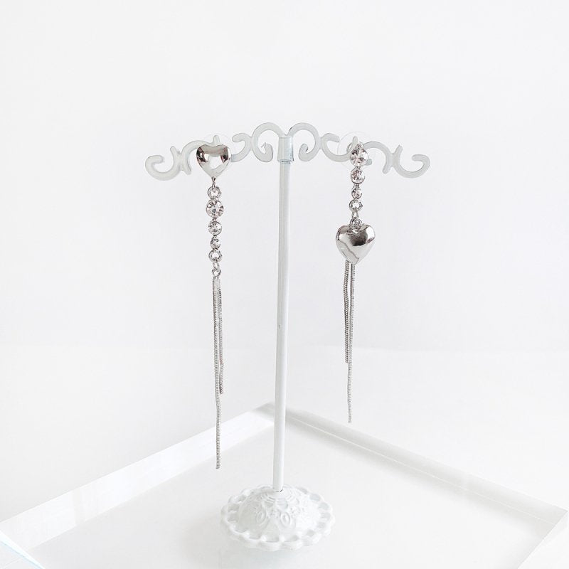 Rhinestone Heart Asymmetry Chain Dangle Stud Earrings Silver - YOUAREMYPOISON