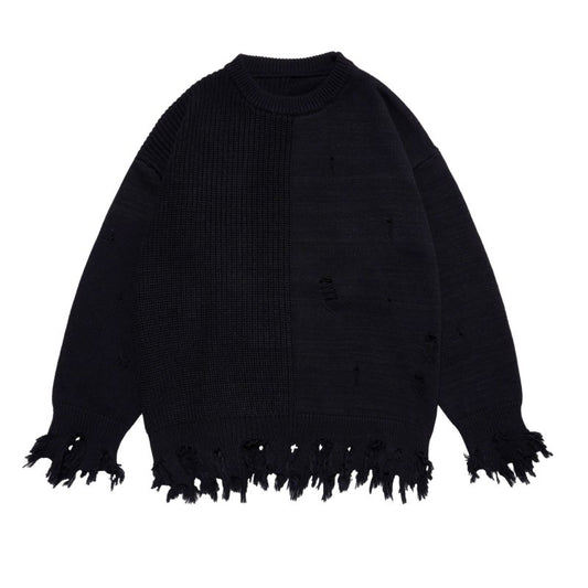Distressed Asymmetrical Design Knit Top BLACK YK0615