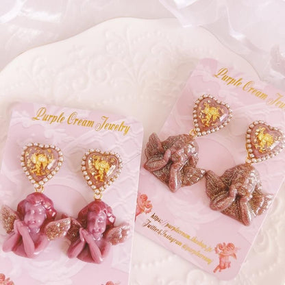 Purple Cream 2way Heart Melty Angel Earrings P1295