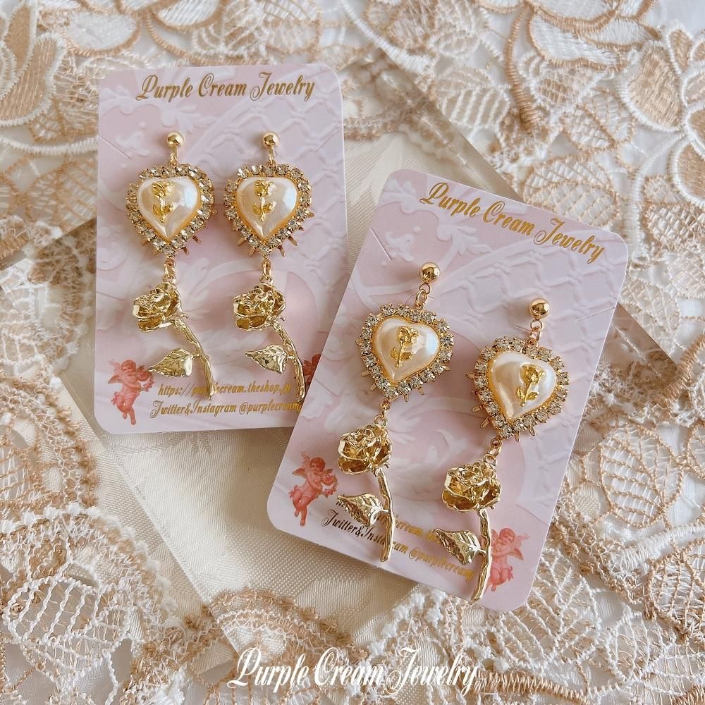Purple Cream ガーリーホワイトローズ ピアス・イヤリング GOLD P1275