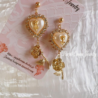 Purple Cream ガーリーホワイトローズ ピアス・イヤリング GOLD P1275