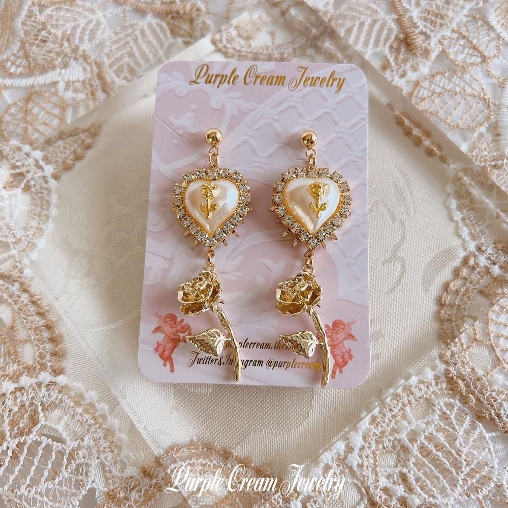 Purple Cream ガーリーホワイトローズ ピアス・イヤリング GOLD P1275