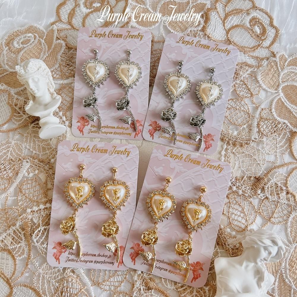 Purple Cream ガーリーホワイトローズ ピアス・イヤリング GOLD P1275