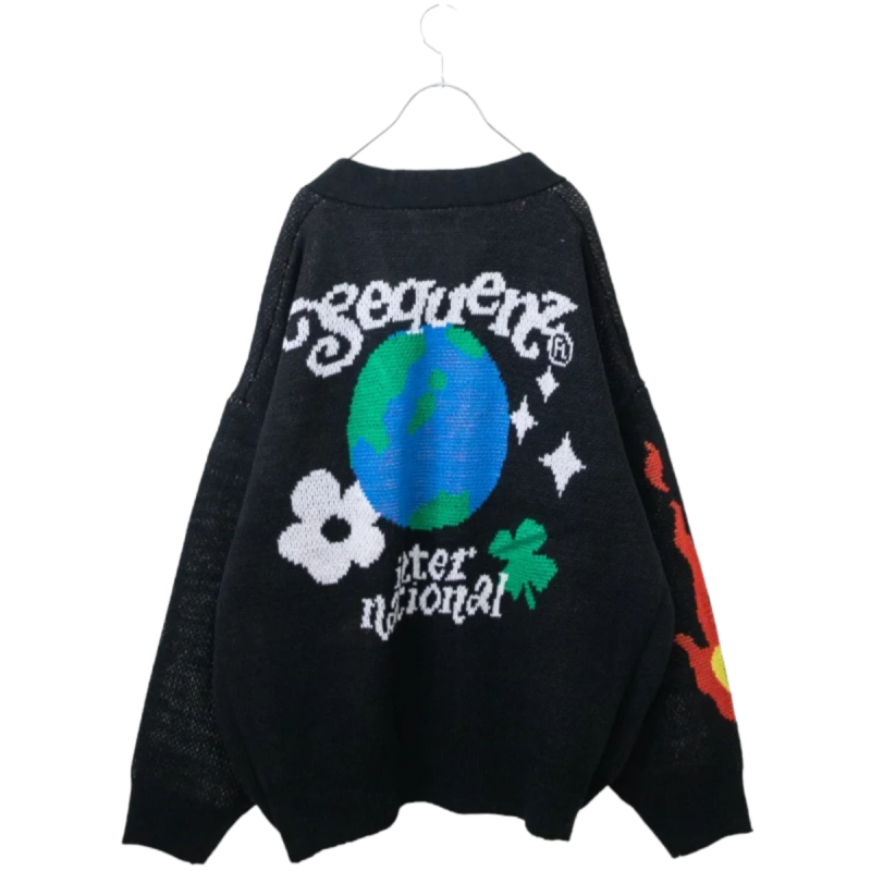 SEQUENZ 1pt Embroidered Hippie Floral Jacquard Knit Cardigan BLACK