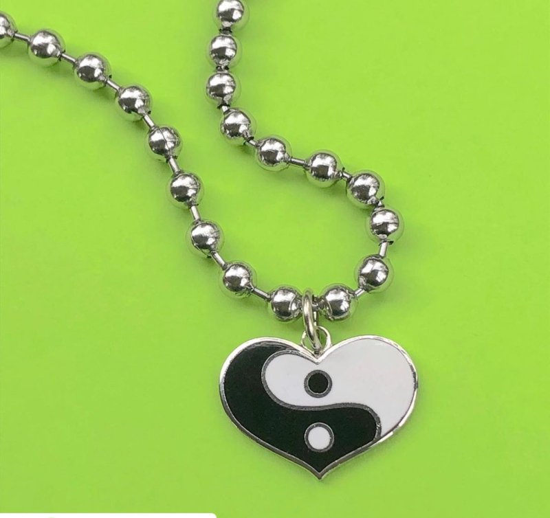 BIG Yin Yang Heart Ball Chain Necklace SILVER BLACK