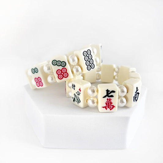 XTS Mahjong tile series Ivory tile Pearl beads bracelet WHITE