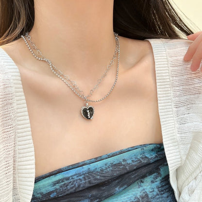 Double Chain Heart Necklace SILVER BLACK