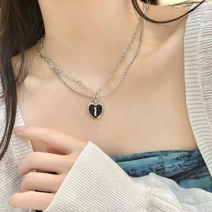 ダブルチェーン ハート ネックレス SILVER BLACK