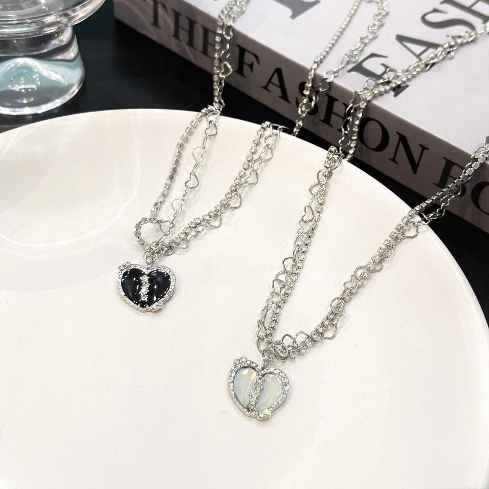 ダブルチェーン ハート ネックレス SILVER BLACK