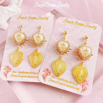 Purple Cream Heart Medal Earrings P1171 GOLD