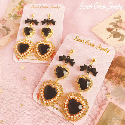 Purple Cream Black Pearl Heart Earrings P1092