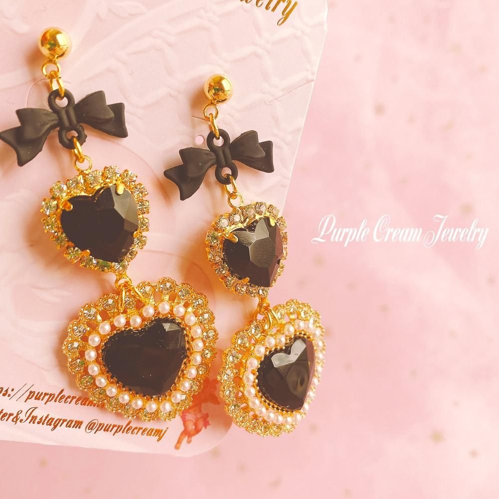 Purple Cream ブラックパールハートピアス・イヤリング P1092