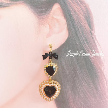 Purple Cream ブラックパールハートピアス・イヤリング P1092