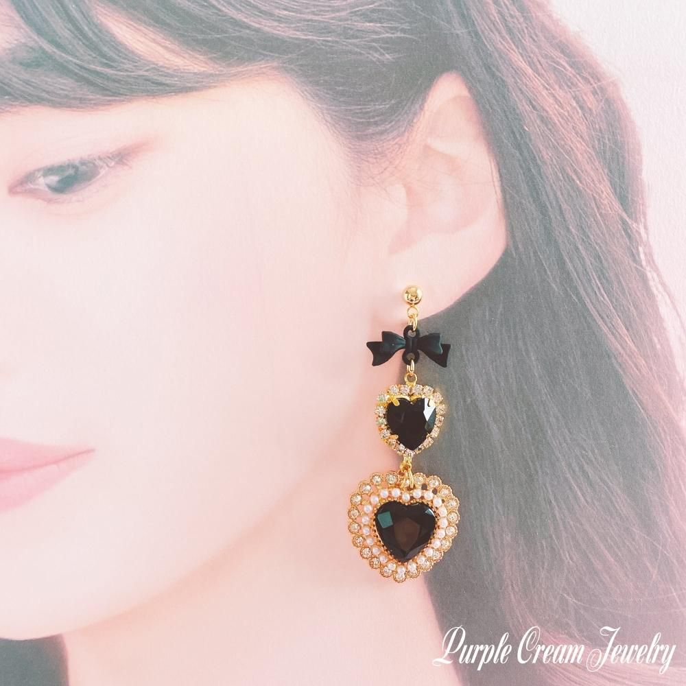Purple Cream ブラックパールハートピアス・イヤリング P1092