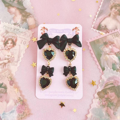 Purple Cream ブラックリボン&ハートピアス P1002