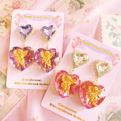 Purple Cream Big Heart Angel Earrings P830
