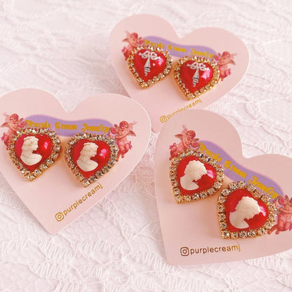 Purple Cream Cameo Heart Earrings Red P943