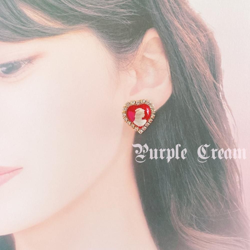 Purple Cream カメオハートピアス レッド P943