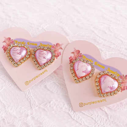 Purple Cream Cameo Heart Earrings Purple P942