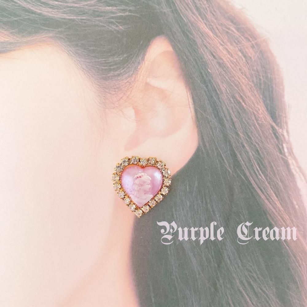 Purple Cream カメオハートピアス パープル P942