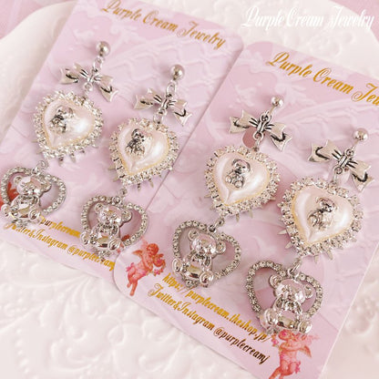 Purple Cream White Heart Bear Earrings P1178 SILVER