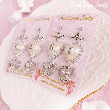 Purple Cream ホワイトハートベアピアス・イヤリング P1178 SILVER