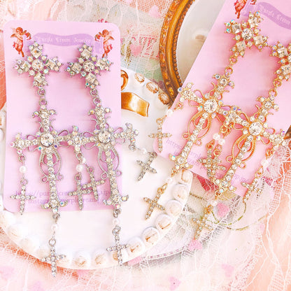 Purple Cream キラキラストーンクロスピアス P514