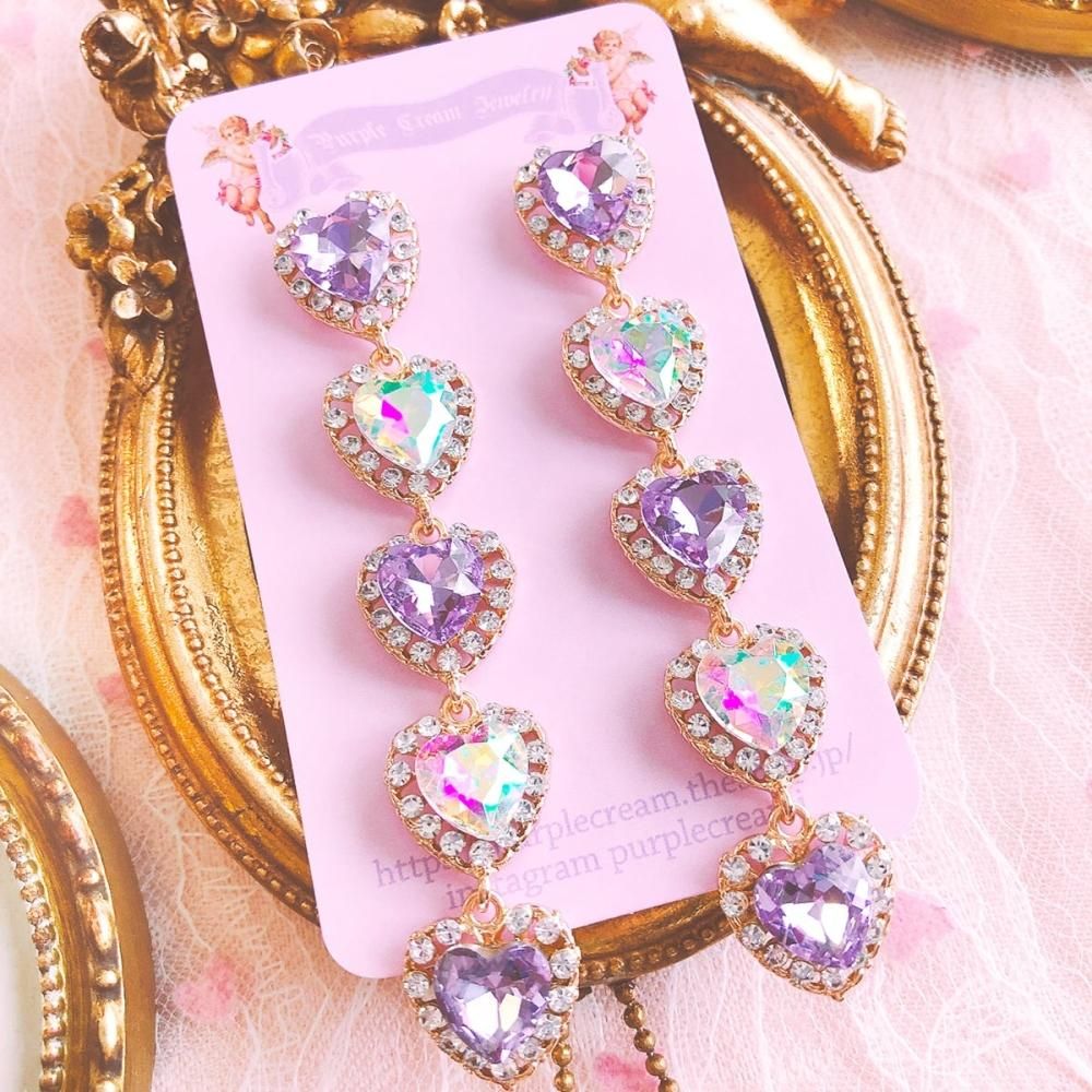 Purple Cream キラキラハート5連ピアス P017