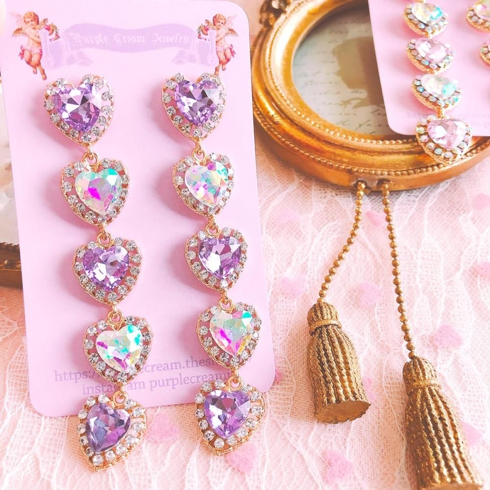 Purple Cream キラキラハート5連ピアス P017