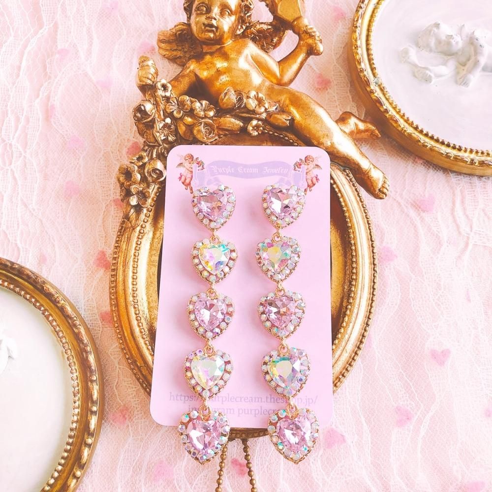 Purple Cream キラキラハート5連ピアス P017
