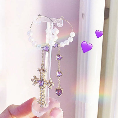 Purple Cream Purple Heart Pearl Cross Hoop Earrings P400