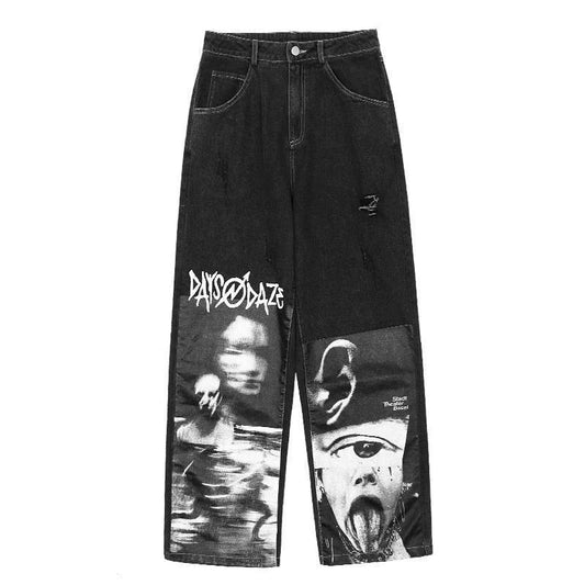 Distressed &amp; Printed Wide Denim Pants BLACK