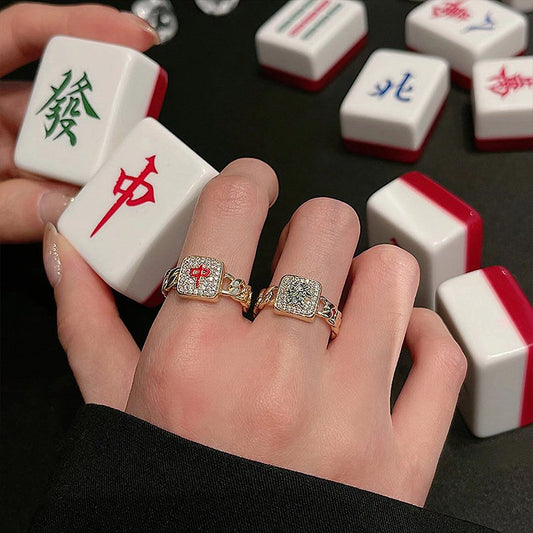 Rhinestone Mahjong Tile Ring GOLD