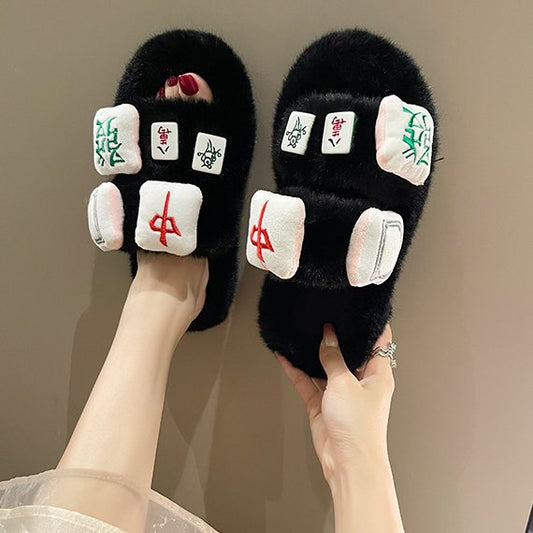 Fluffy faux fur mahjong tile sandals shoes YK0661 BLACK