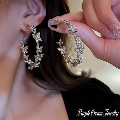 Purple Cream Stone Butterfly Hoop Earrings P1188