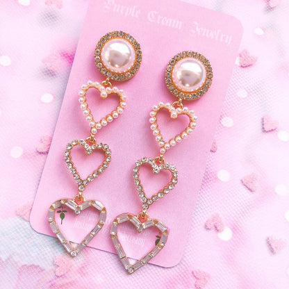Purple Cream Pearl &amp; Heart Lovely Long Earrings P098