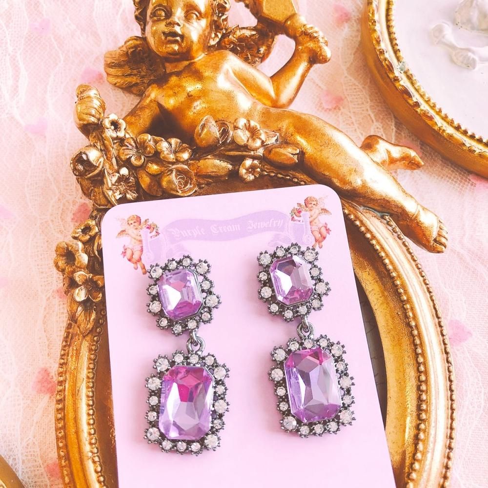 Purple Cream スクエアビジューピアス P121
