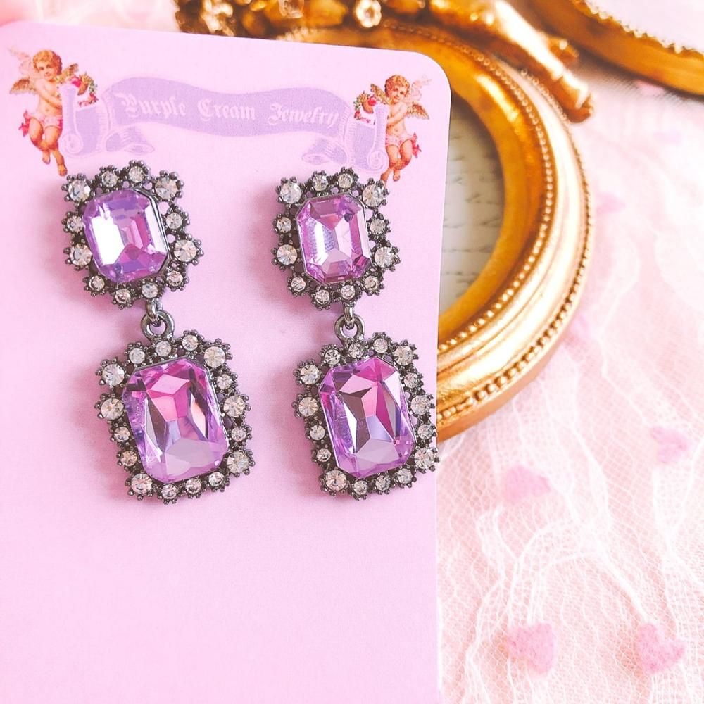 Purple Cream スクエアビジューピアス P121