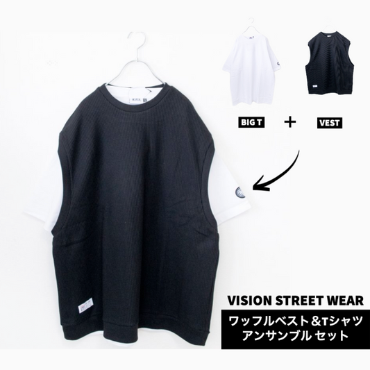 VISION STREET WEAR Waffle Vest &amp; T-Shirt Ensemble Set BLACK