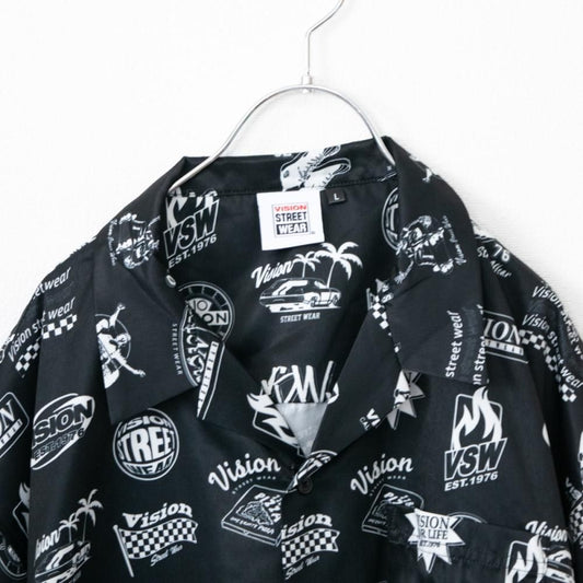 VISION STREET WEAR グラフィック総柄 開襟 半袖シャツ BLACK