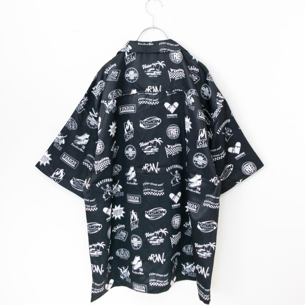 VISION STREET WEAR グラフィック総柄 開襟 半袖シャツ BLACK