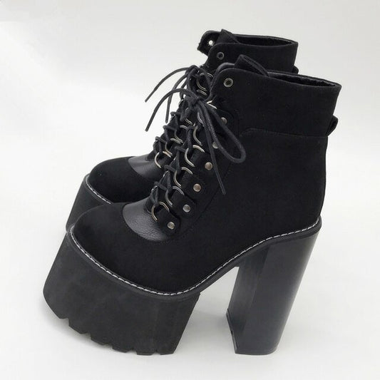 Lace-up faux suede high heel boots BLACK