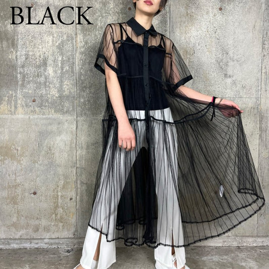 RooM404 Mode Mesh Stripe Dressy Overshirt Dress with Inner Cami Set BLACK