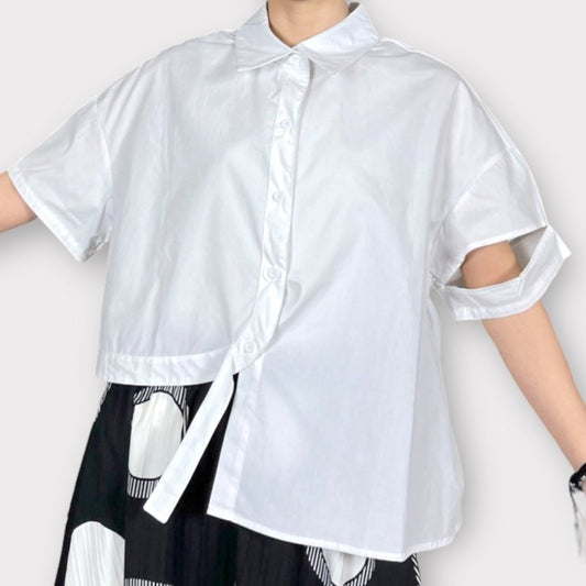 RooM404 Sleeve cut, front hem round, asymmetrical shirt blouse, WHITE