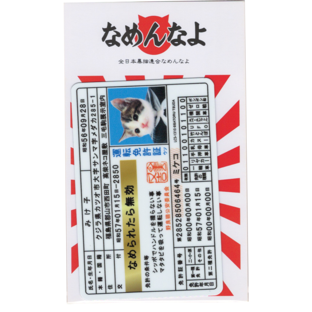 なめ猫 免許証04 みけ子 なめ猫ダイカットビニールステッカー